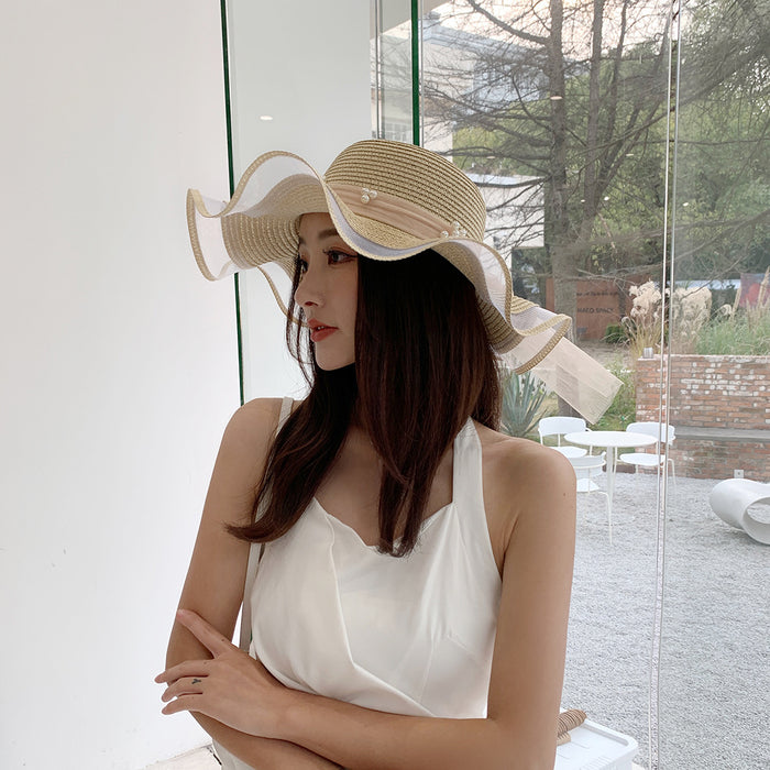 Big Brim Bow Ribbon Beach Hat Summer Outdoor Sun Hat Wave Straw Hat Lace Edge Pearl Sun Hat