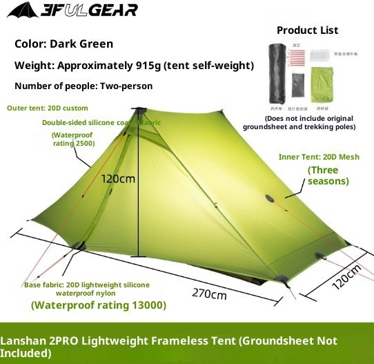 Tente pyramidale ultralégère sans arceaux pour deux personnes, idéale pour le camping, la randonnée et les traversées en pleine nature.