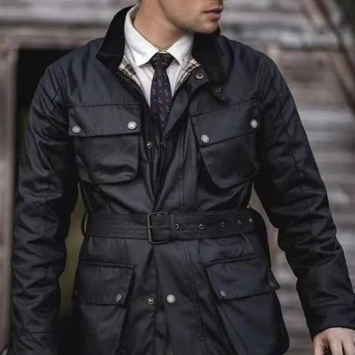 Trench-coat imperméable style motard rétro ciré pour homme