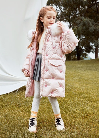 Doudoune mi-longue épaisse coréenne à grand col en fourrure pour enfant