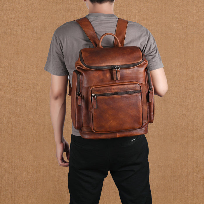 Genuine Retro Double-layer Cowhide Backpack For Men, Outdoor Leisure Travel Backpack