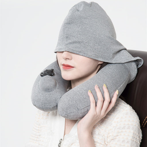 Almohada inflable portátil con capucha en forma de U para viajes para hombres y mujeres