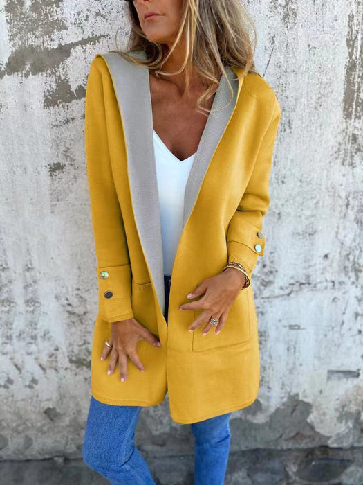 European And American Spring New Women's Clothing Casual Contrast Color Sweater Cardigan Hooded Coat