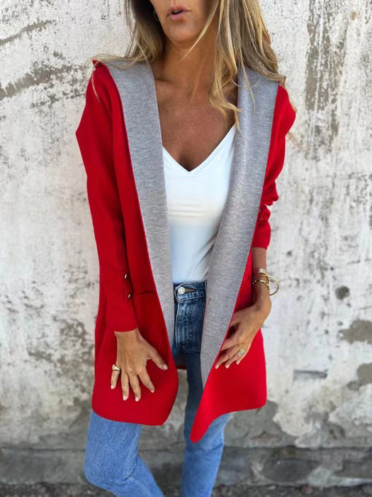 European And American Spring New Women's Clothing Casual Contrast Color Sweater Cardigan Hooded Coat