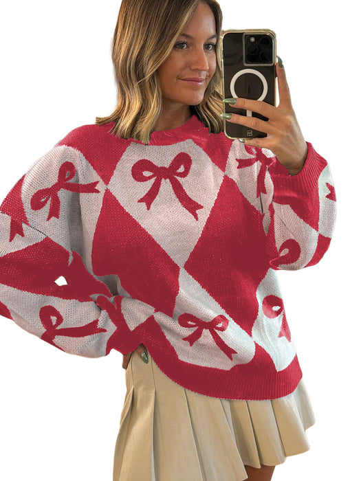 Pull tendance pour femme avec imprimé nœud et manches longues en tricot