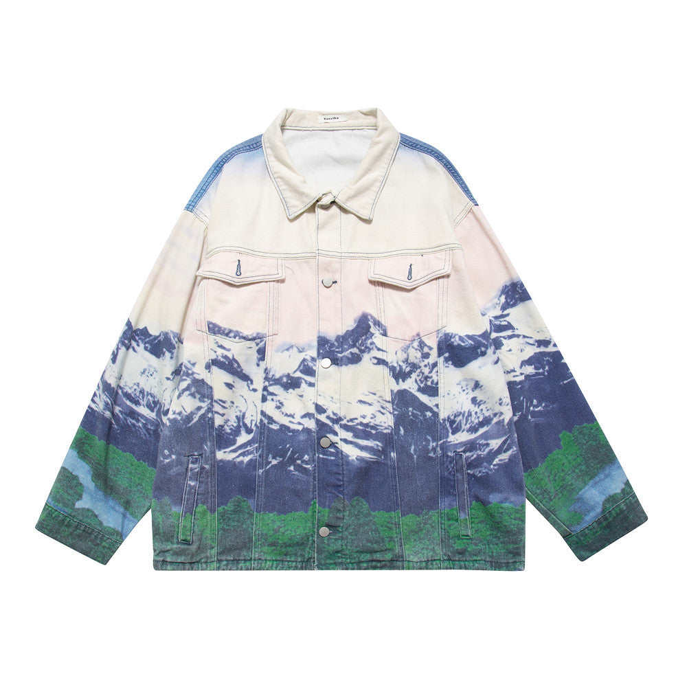 Men's Loose Casual Full Print Landscape Snow Mountain Pattern Jacket