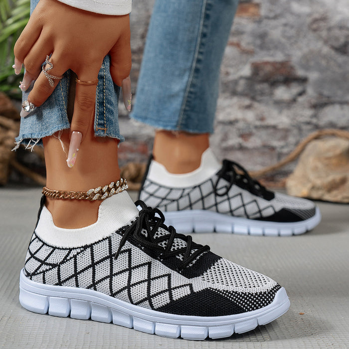 Zapatillas Flyknit con cordones y cuadros en bloques de color, de malla, informales, transpirables, para caminar y correr, para mujer
