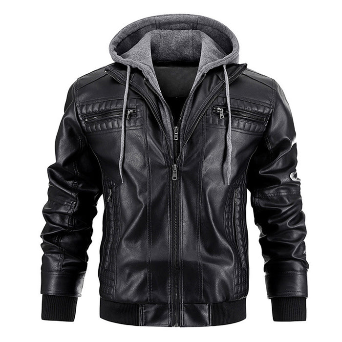Chaqueta de cuero sintético para hombre, chaqueta de motocicleta, impermeable, a prueba de viento, de PU, estilo bombardero vintage con capucha extraíble 