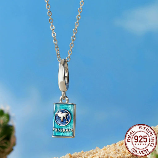 S925 Sterling Silver Beads Diy Ornament Buckle Openable Passport Pendant Global Travel Pendant