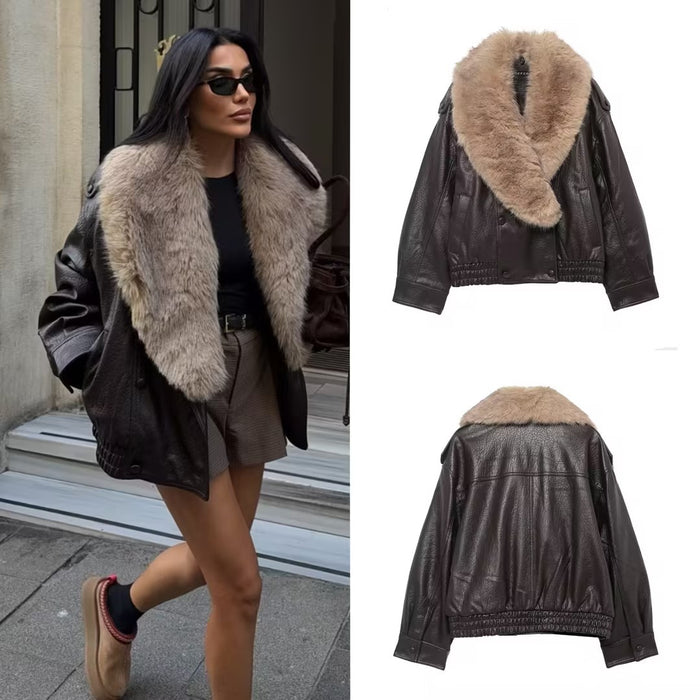 Women's Stylish And Elegant Faux Fur-Decorated Leather Jacket
