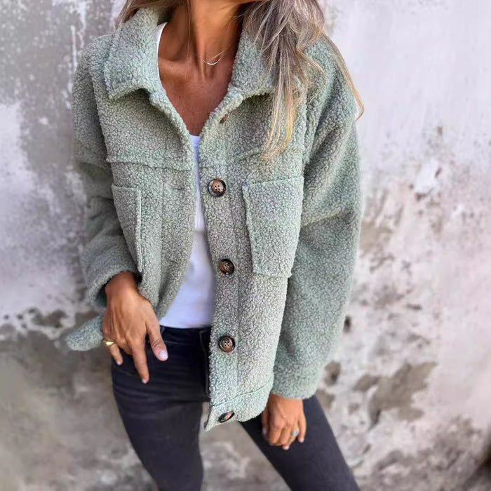 Women's Lamb Wool Coat Winter Lapel Single Breasted Jacket Outwear Warm Cropped Tops Clothing