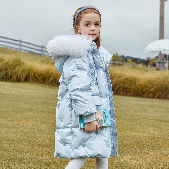 Doudoune mi-longue épaisse coréenne à grand col en fourrure pour enfant