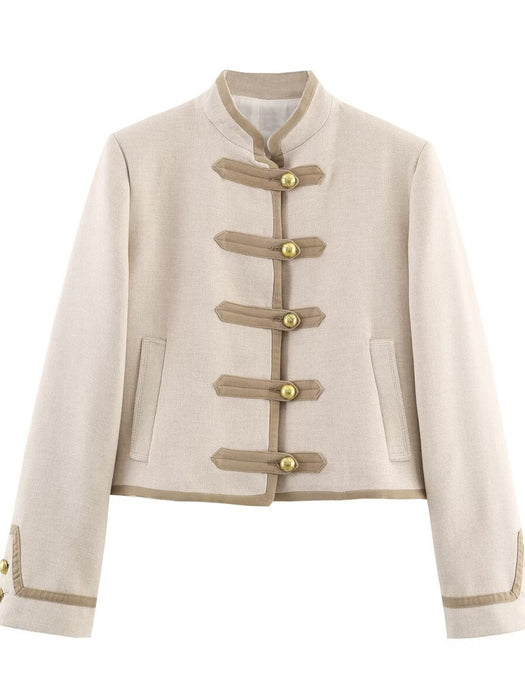 Design Padded Shoulder Rope Knot Button Jacket Coat