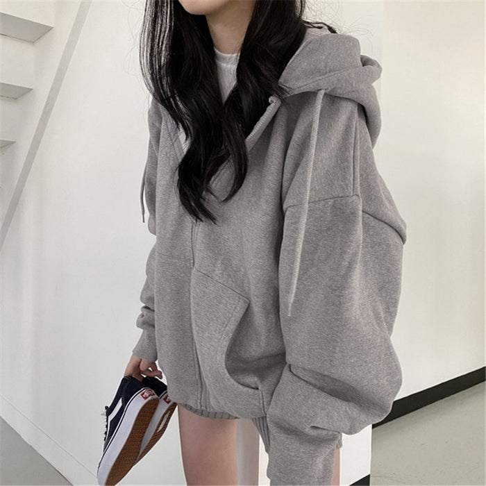 Women's Fashionable Zippered Plus-Size Hooded Jacket