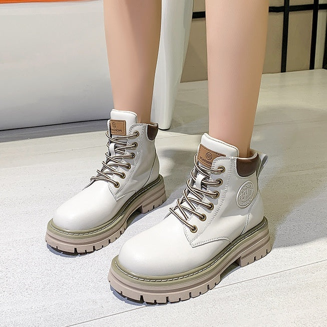 Bottes Martin à talon compensé en cuir véritable pour femmes, semelle épaisse, assorties à toutes les tenues