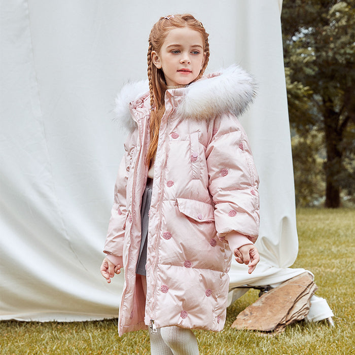 Doudoune mi-longue épaisse coréenne à grand col en fourrure pour enfant