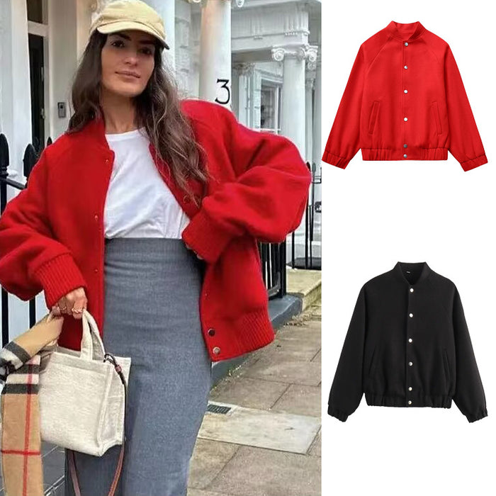 Womens Fashionable Round-Neck Solid-Color Wool Coat