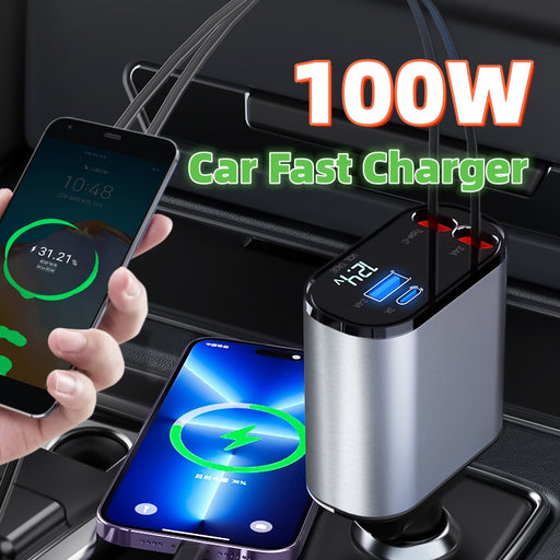 Chargeur de voiture en métal 100 W à charge ultra rapide, adaptateur allume-cigare USB et Type-C