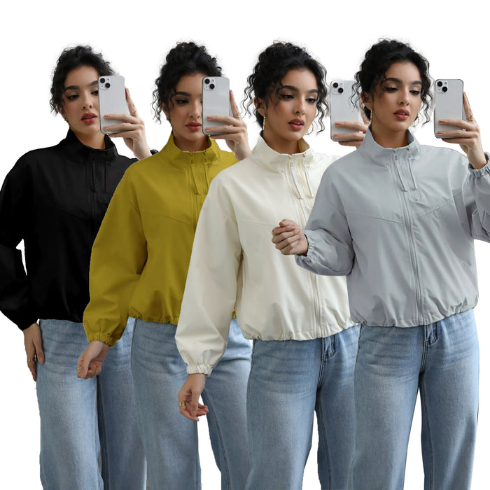 Women's Fashion Waterproof Jacket Short Stand Collar Thin Coat