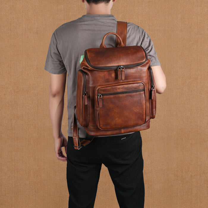 Genuine Retro Double-layer Cowhide Backpack For Men, Outdoor Leisure Travel Backpack