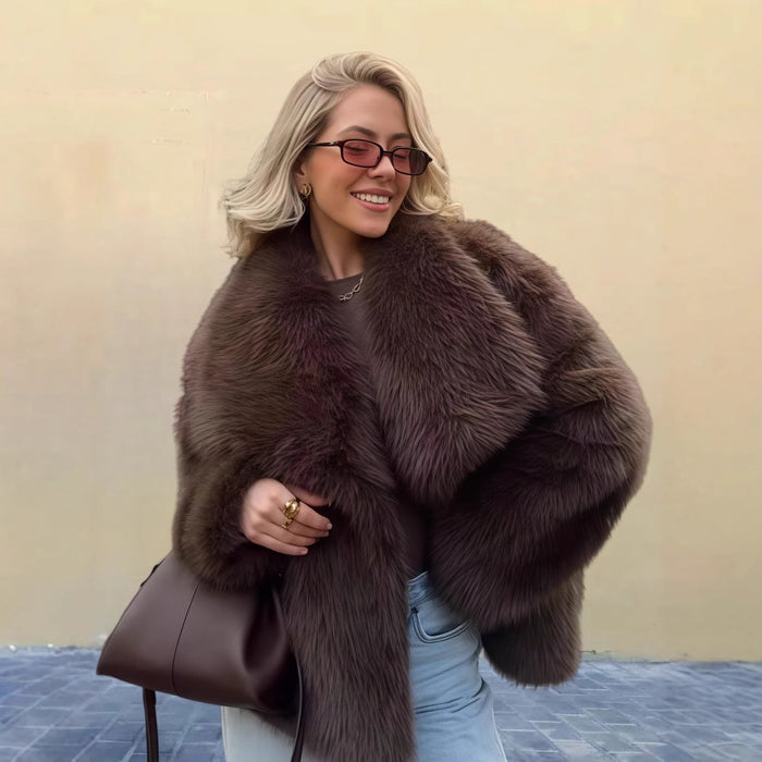 Women's Pure Color Versatile Faux Fur Collar Long Sleeve Coat Plus Size Outerwear