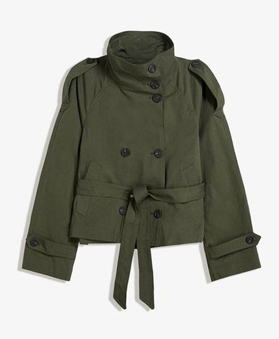 Womens Buttoned Waist-Cinching Lace-Up Trench Coat