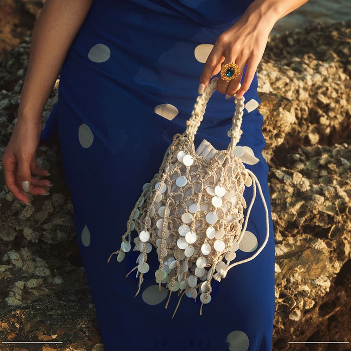 French-style Retro Sequined Woven Tassel Cotton-Linen Shell-shaped Hollow Elegant Clutch Bag