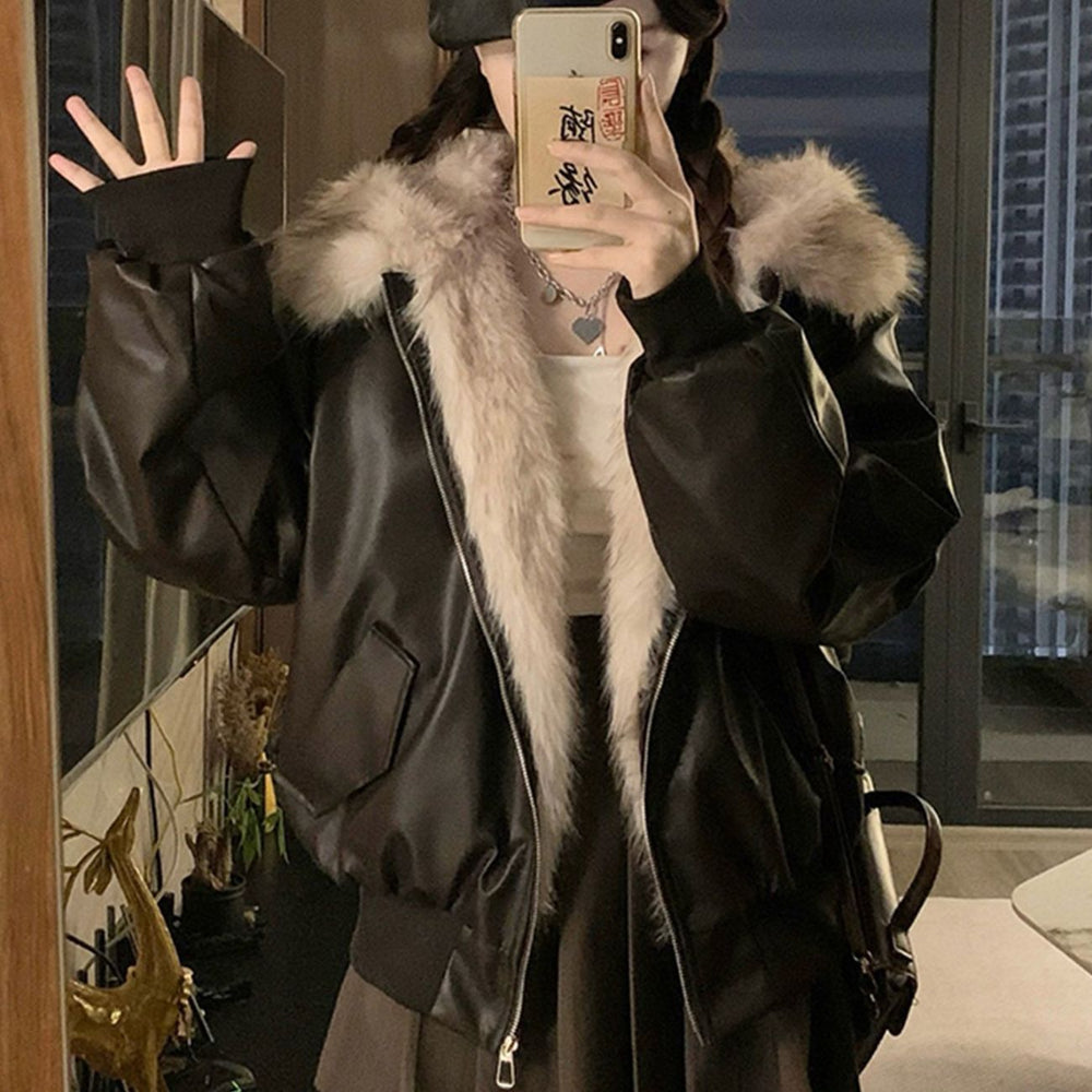 Thickened Warm Leather Short Jacket With A Mountain Eagle Fur Collar