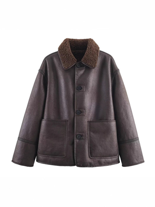 Manteau Femme Confortable Décontracté Réversible Cuir et Fourrure Tout-en-un pour la Chaleur et le Style