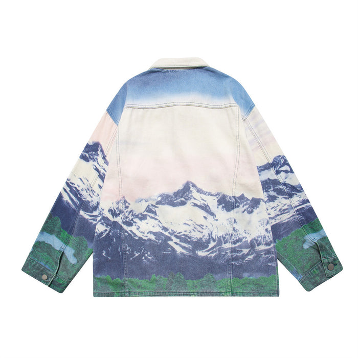Men's Loose Casual Full Print Landscape Snow Mountain Pattern Jacket