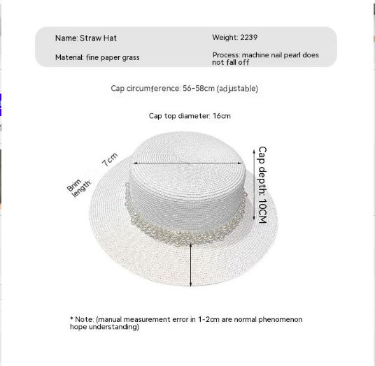 Sombrero de playa retro versátil con parte superior plana y protección solar de perla