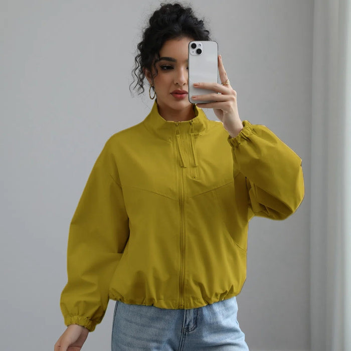 Women's Fashion Waterproof Jacket Short Stand Collar Thin Coat