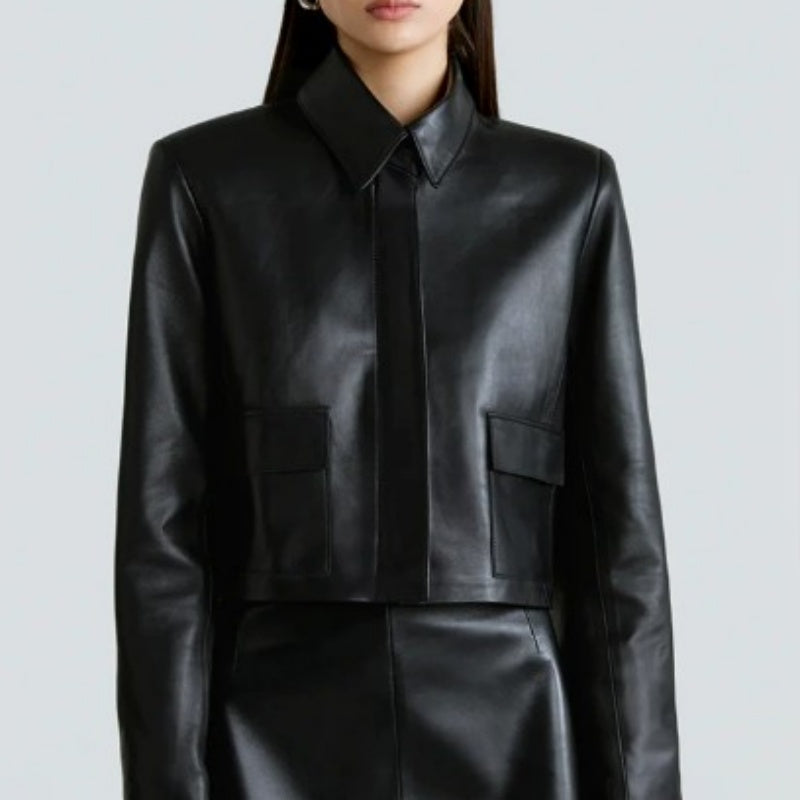 Veste en cuir de style motard à revers pour femme