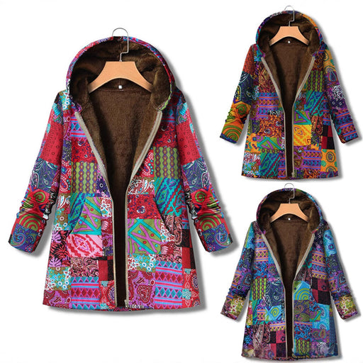 Manteau à capuche rétro chaud imprimé, épais et zippé