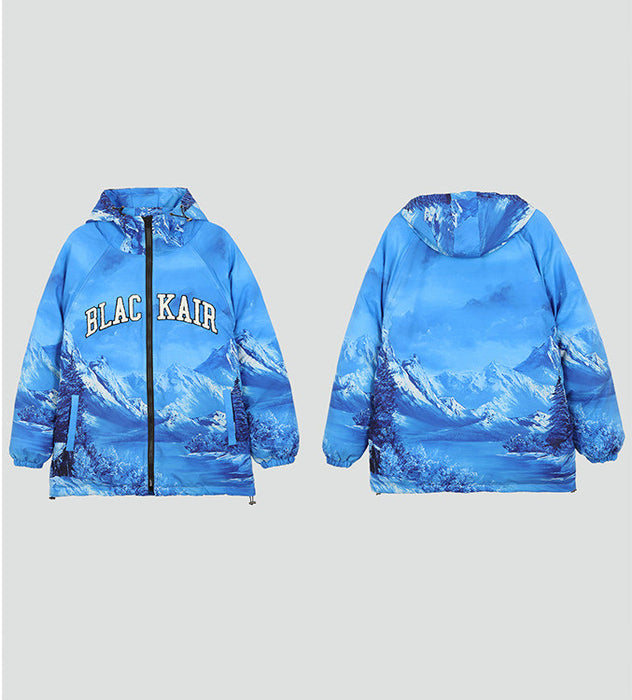 Veste en coton épais avec imprimé de montagnes enneigées et lettres brodées