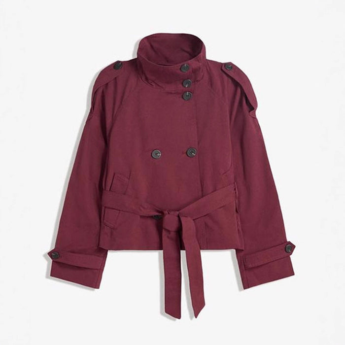 Womens Buttoned Waist-Cinching Lace-Up Trench Coat