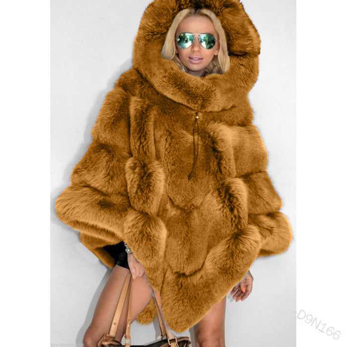 Solid Color Hooded Faux Fur Patchwork Loose Coat Elegant Commuter Cape Women's
