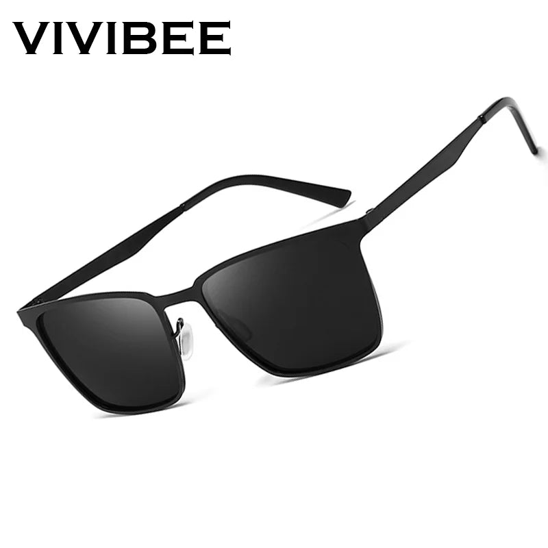 VIVIBEE Gafas de Sol Clásicas Rectangulares Polarizadas para Hombre, Negro Mate, UV400, de Moda, Cuadradas, con Bisagra de Resorte, para Conducir