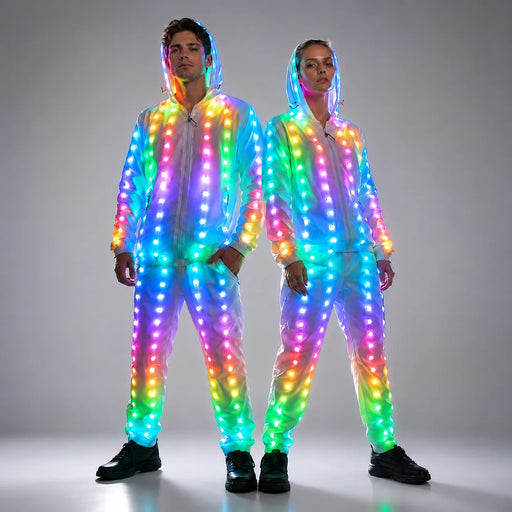 Traje de luces LED de píxeles a todo color para chaqueta, abrigo y pantalones, disfraces que se iluminan para rave, vestuario creativo para escenarios.