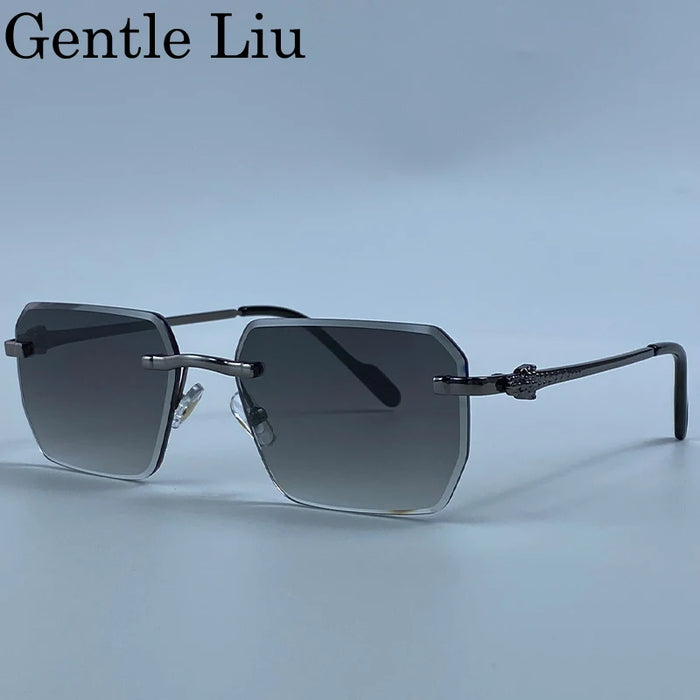 Y2K Rimless Square Sunglasses Men 2026 Luxury Vintage Punk Sun Glasses Hip Hop Metal Frame Steampunk Shades Leopard Head Eyewear