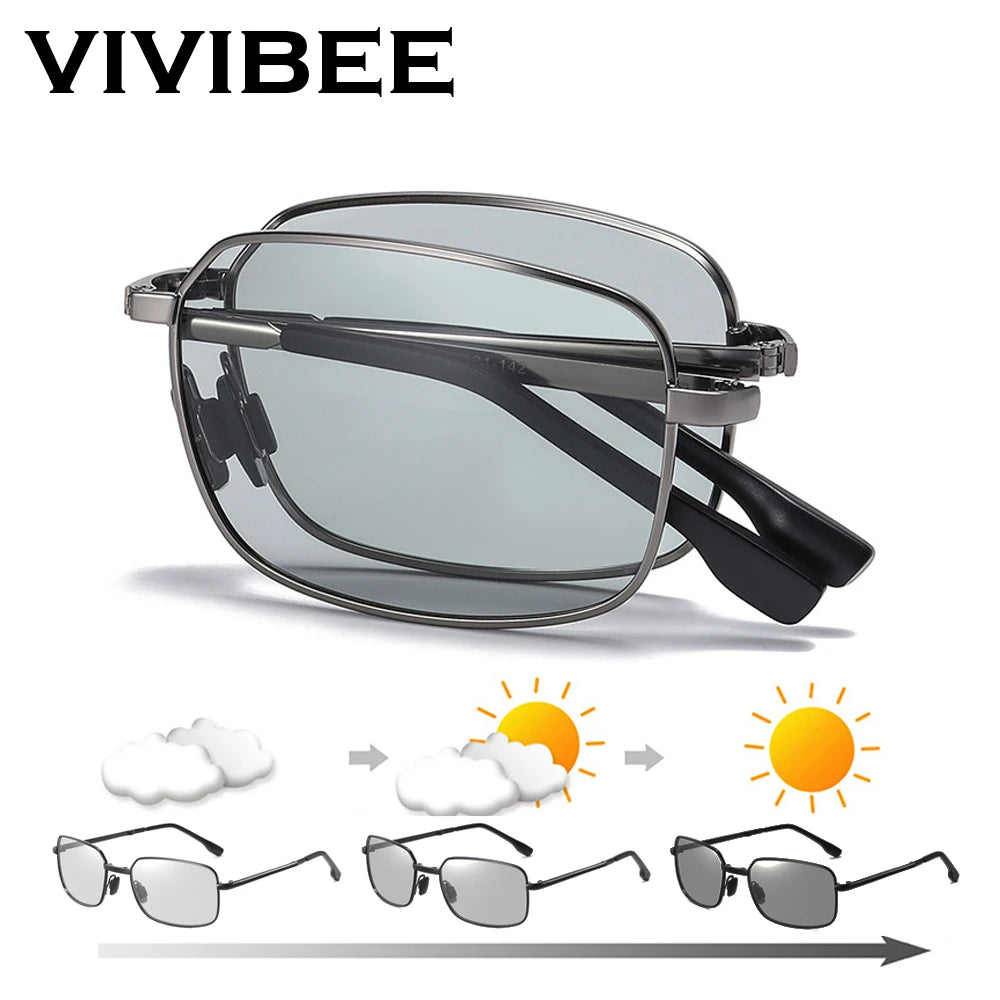 VIVIBEE Gafas de Sol Plegables Fotocromáticas para Hombre con Lentes Polarizadas Rectangulares de Metal, Gafas de Sol Masculinas para Verano 2026, Productos en Tendencia