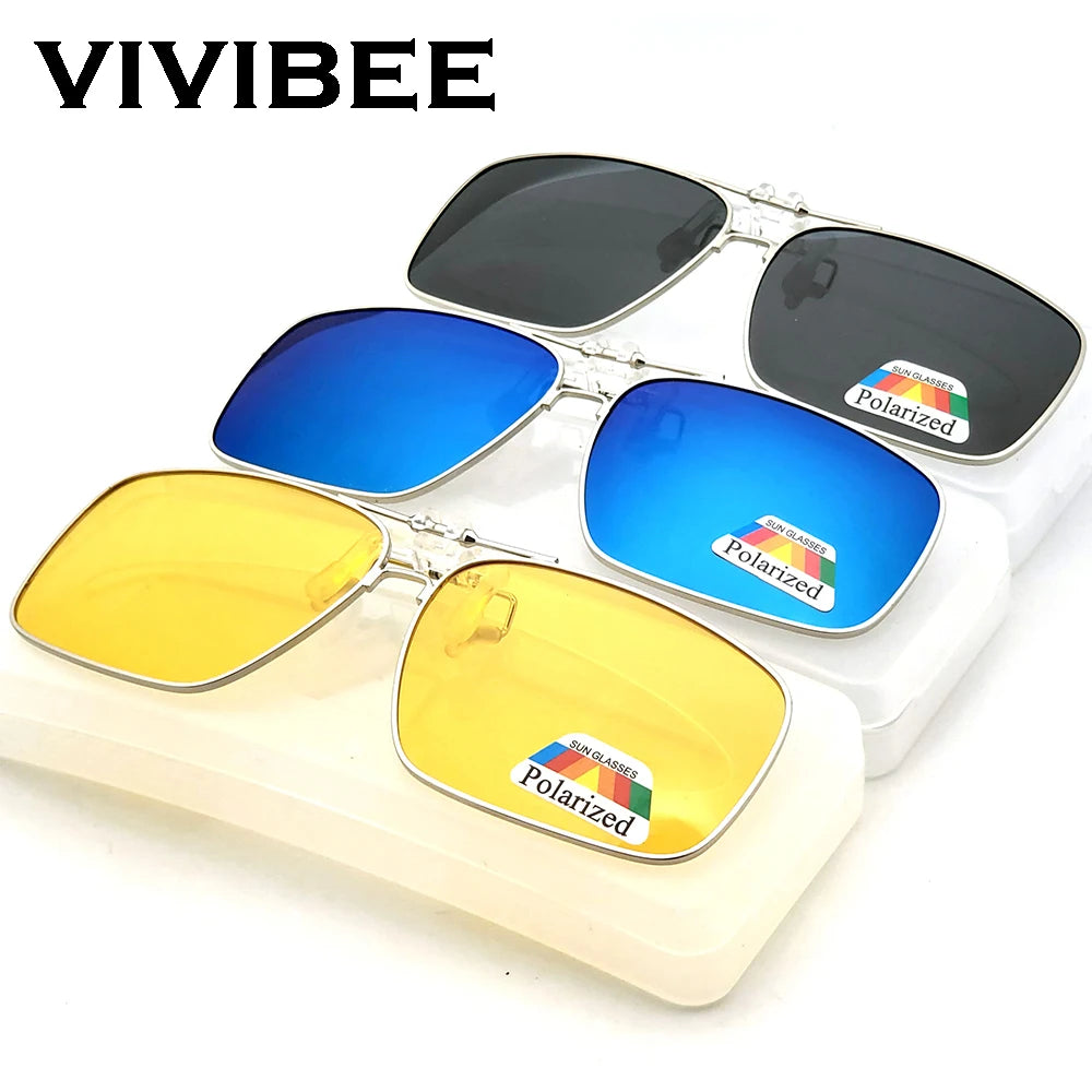 VIVIBEE Mens Metal Clip on Sunglasses Polarized Eyeglasses UV400 Women Square Night Vision Driving Sun Glasses