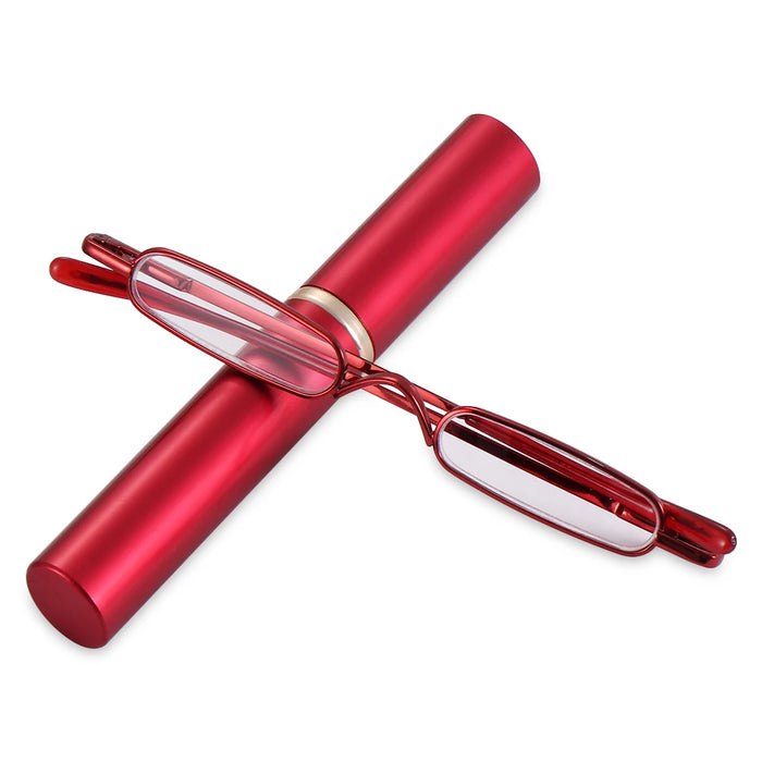 1PC Unisex Compact Mini Slim Pen Reading Glasses Metal Small Tube Spring Hinged Reader Eyeglasses with Portable Clip Case1.0~4.0