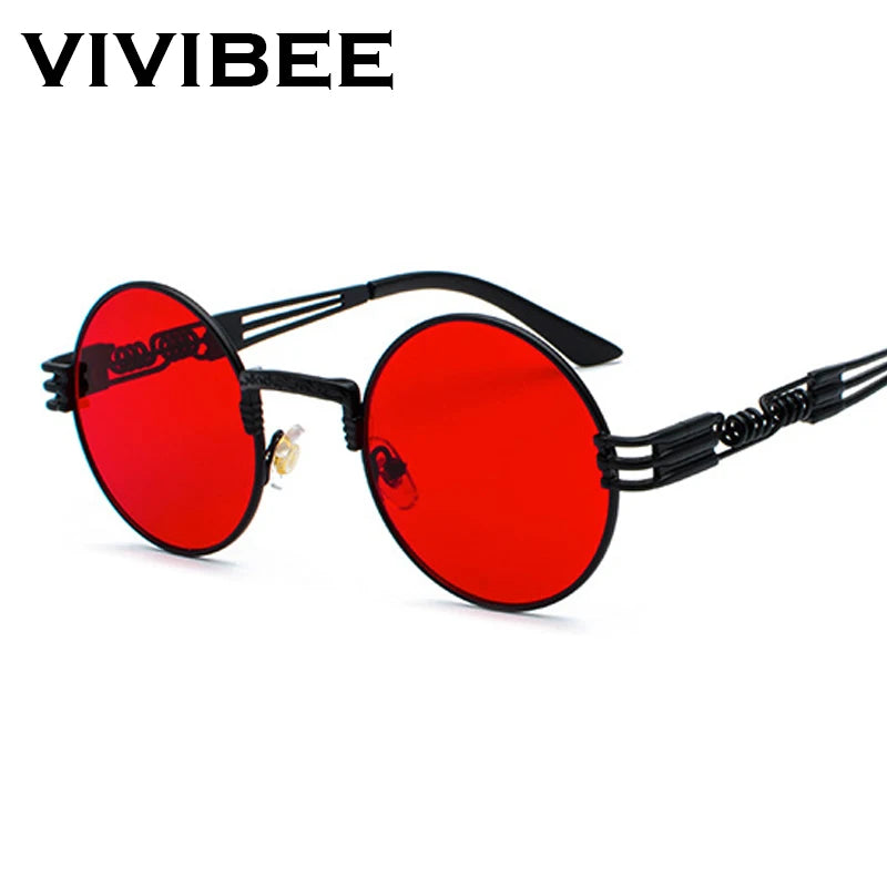 VIVIBEE 2026 Trend Black Red Round Punk Sunglasses Women Hip Hop Sun Glasses Men Steampunk Goggle Luxury Rock Accessories