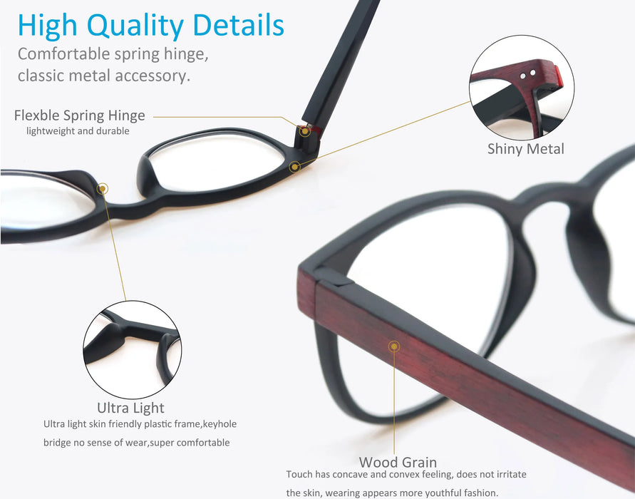 MODFANS Wood Look Reading Glasses Men Women Round Sun Readers Eyeglasses Frame Vintage Spring Hinge with Diopter +0.5 to +5.0