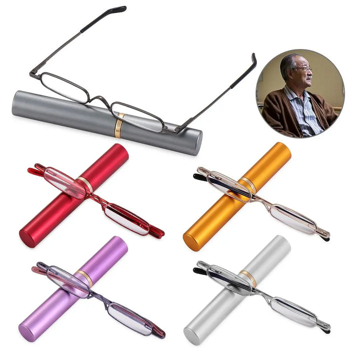 1PC Unisex Compact Mini Slim Pen Reading Glasses Metal Small Tube Spring Hinged Reader Eyeglasses with Portable Clip Case1.0~4.0