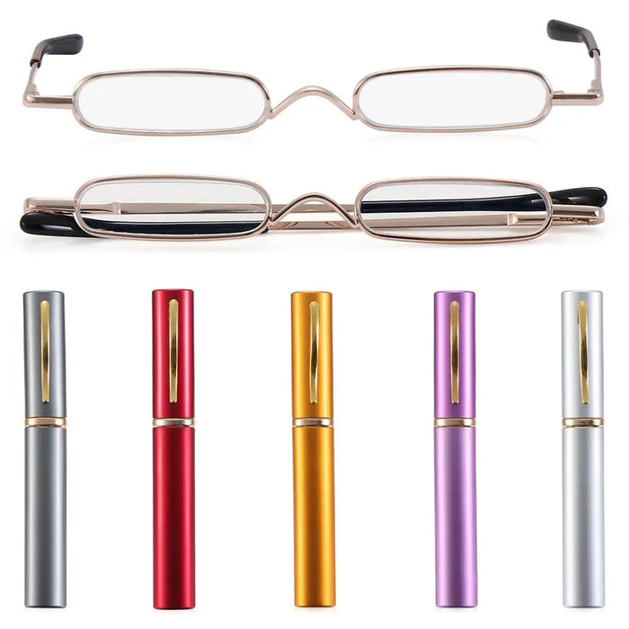 1PC Unisex Compact Mini Slim Pen Reading Glasses Metal Small Tube Spring Hinged Reader Eyeglasses with Portable Clip Case1.0~4.0