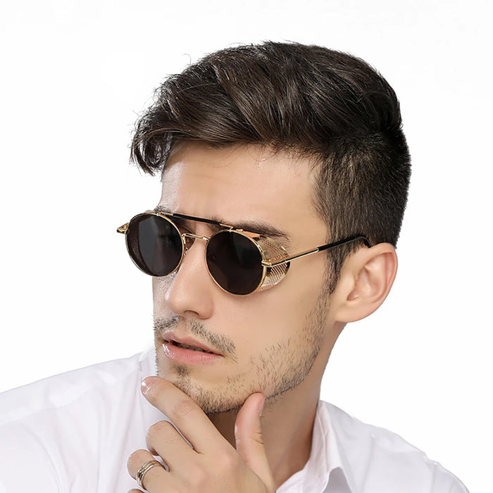 VIVIBEE Steampunk Sunglasses Men 2026 Trending Gothic Round Alloy Red Metal Punk Goggles Retro Party Sun Glasses
