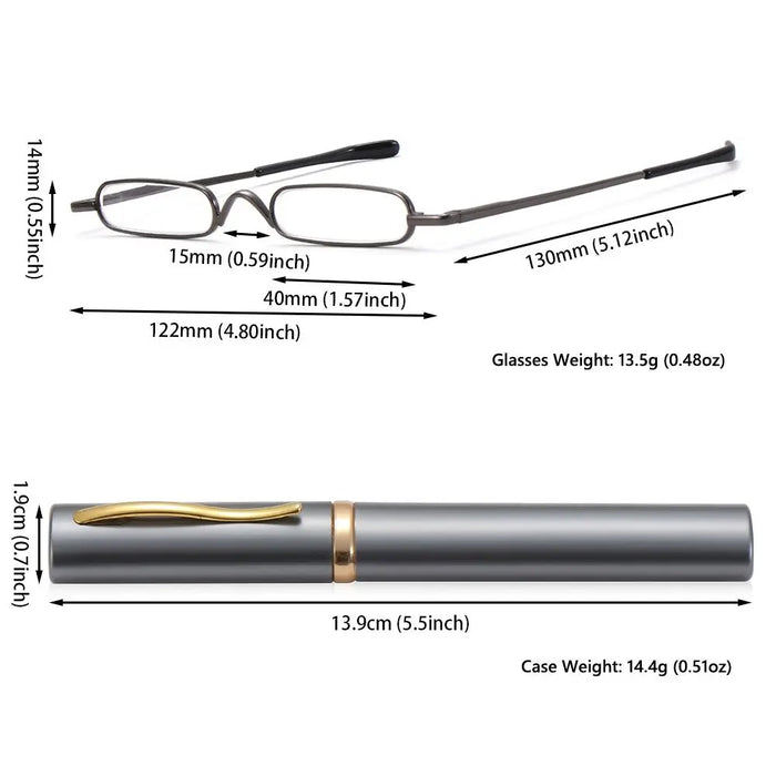 1PC Unisex Compact Mini Slim Pen Reading Glasses Metal Small Tube Spring Hinged Reader Eyeglasses with Portable Clip Case1.0~4.0