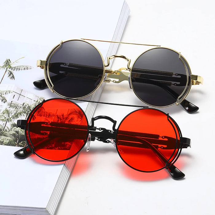 VIVIBEE Lunettes de soleil Steampunk Homme Rondes Lentilles Rouges Lunettes de soleil Punk Noir Métal Style Gothique 2026 Nouveaux Produits Femme Protection UV400